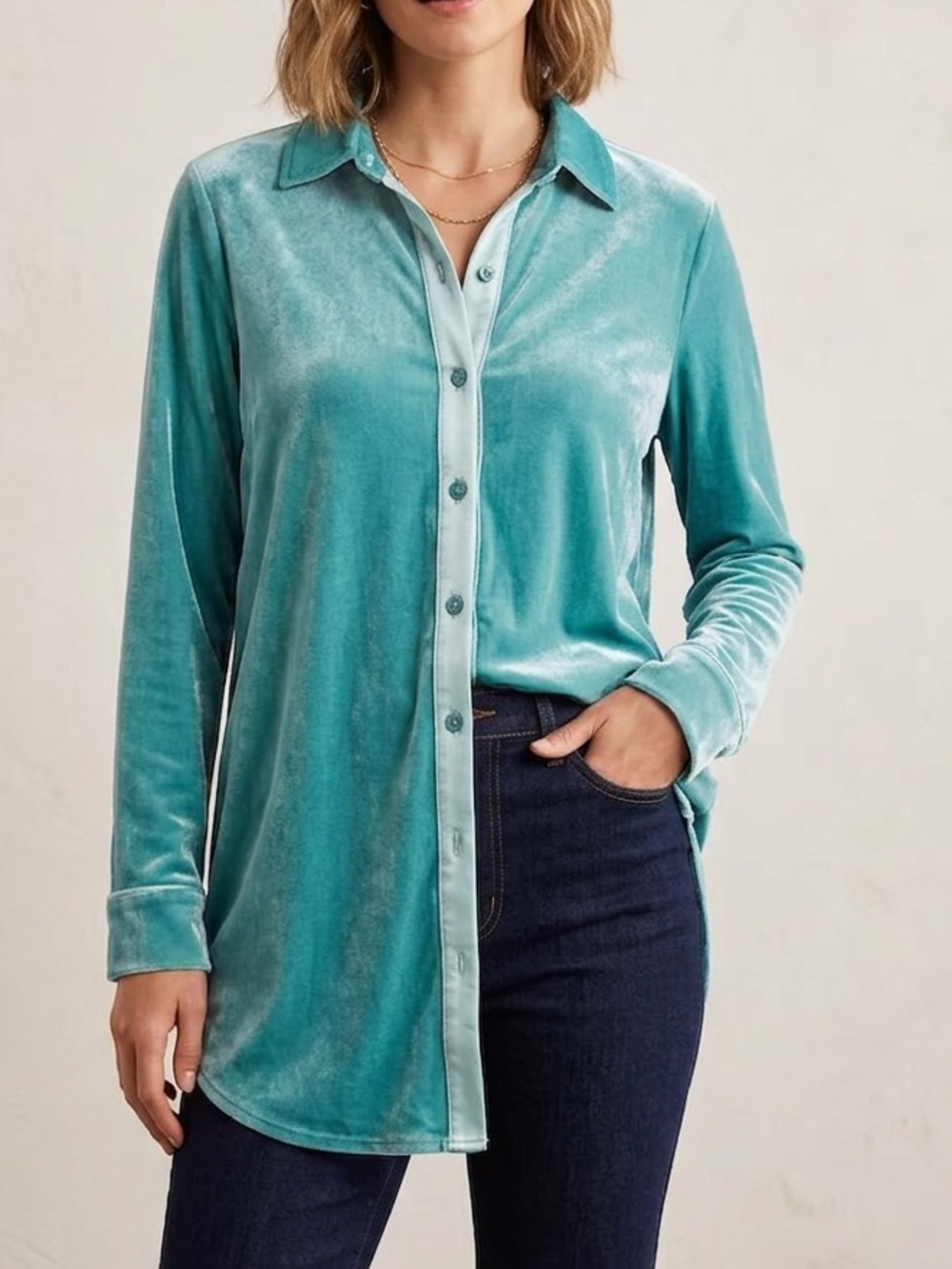 Soft Surroundings Teal Velvet Button-Up Blouse